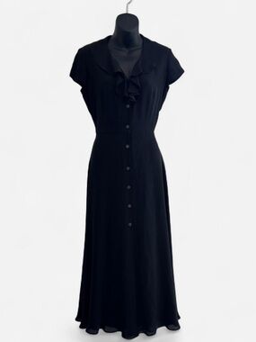 Ralph Lauren Petite Black Silk Ruffle Midi Dress